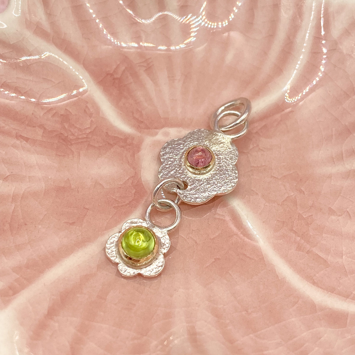 Tourmaline Silver & Gold Floral Pendant Handmade Unique