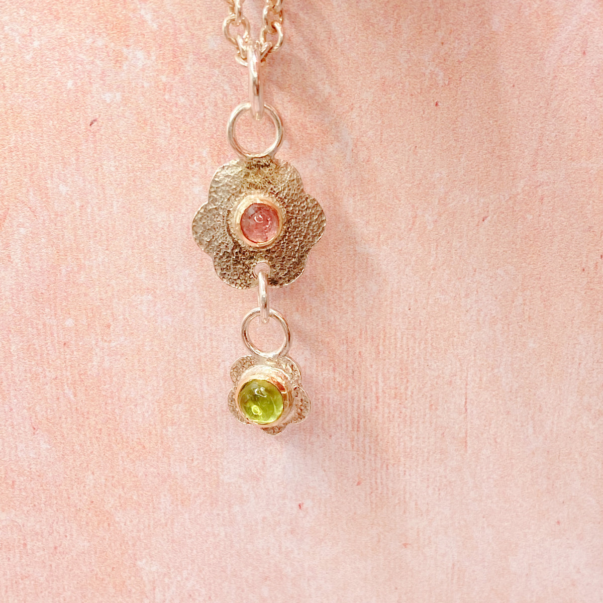 Tourmaline Silver & Gold Floral Pendant Handmade Unique
