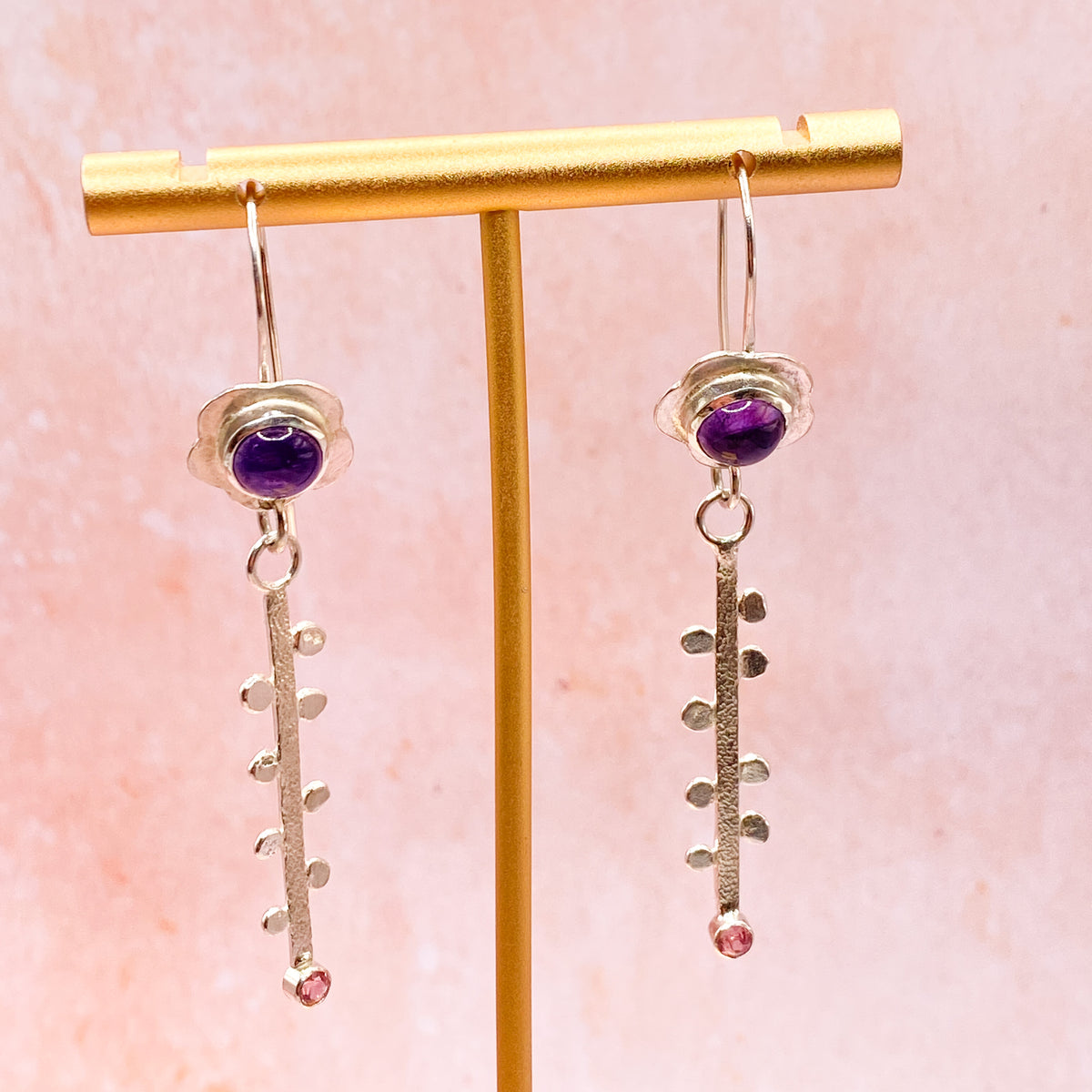 Handmade Amethyst & Tourmaline Shoulder Duster Earrings