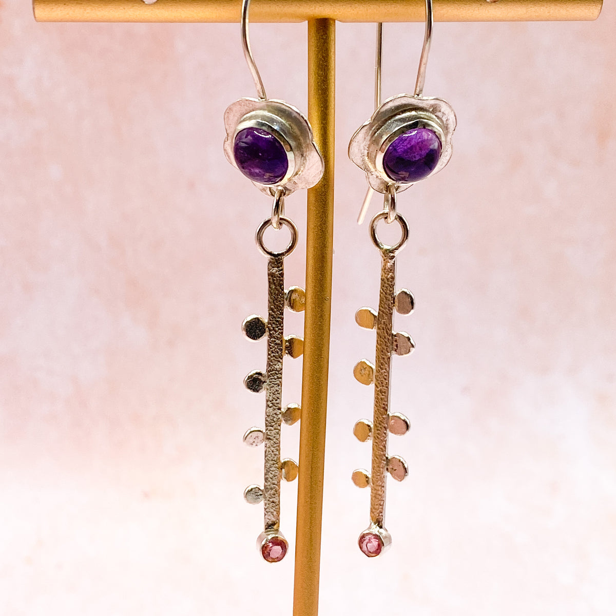 Handmade Amethyst & Tourmaline Shoulder Duster Earrings