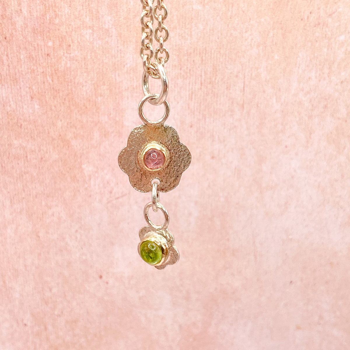Tourmaline Silver & Gold Floral Pendant Handmade Unique