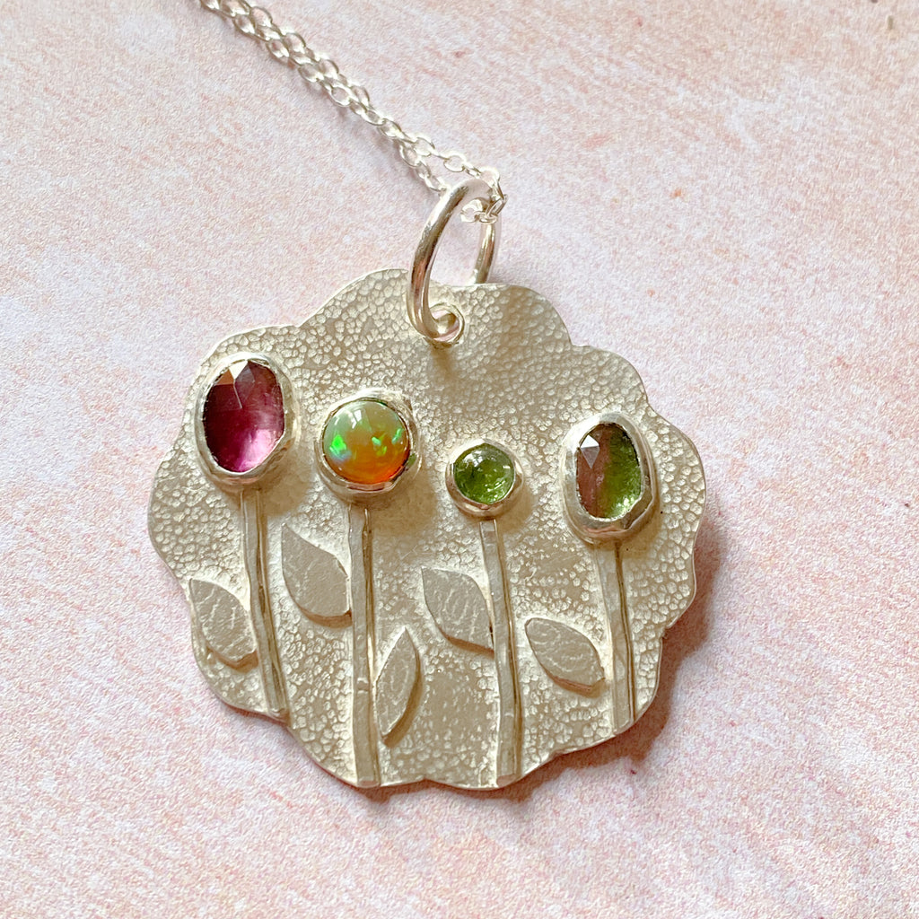 Handmade Sterling Silver Tourmaline & Opal floral Pendant