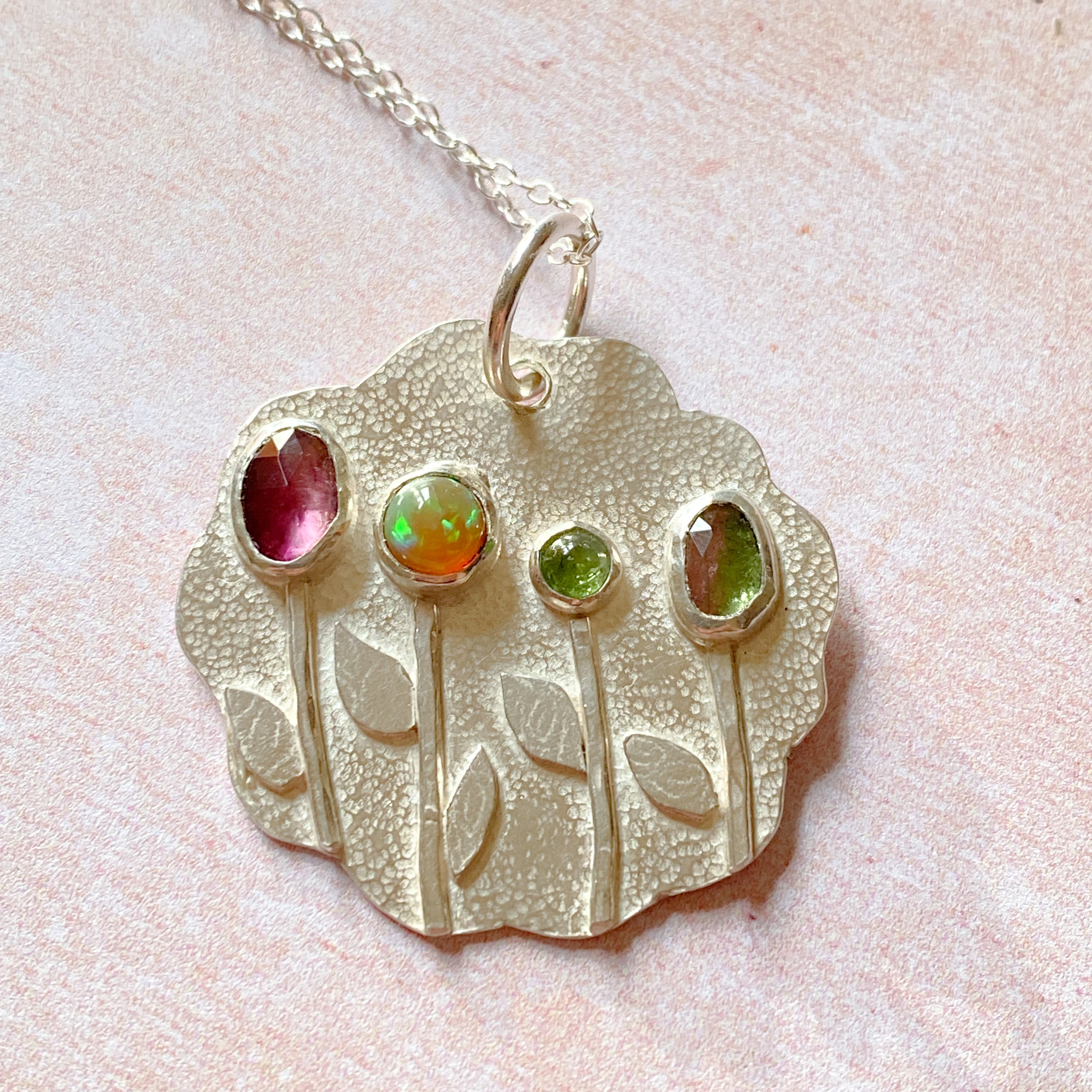 Handmade Sterling Silver Tourmaline & Opal floral Pendant