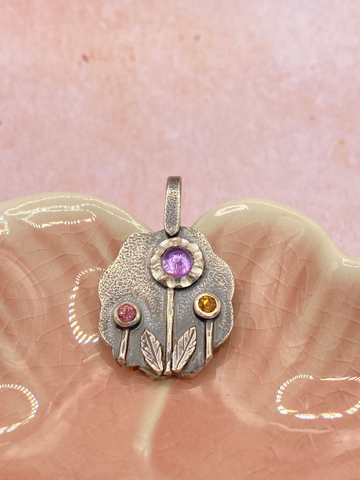 Handmade Floral Amethyst & Tourmaline Silver Pendant
