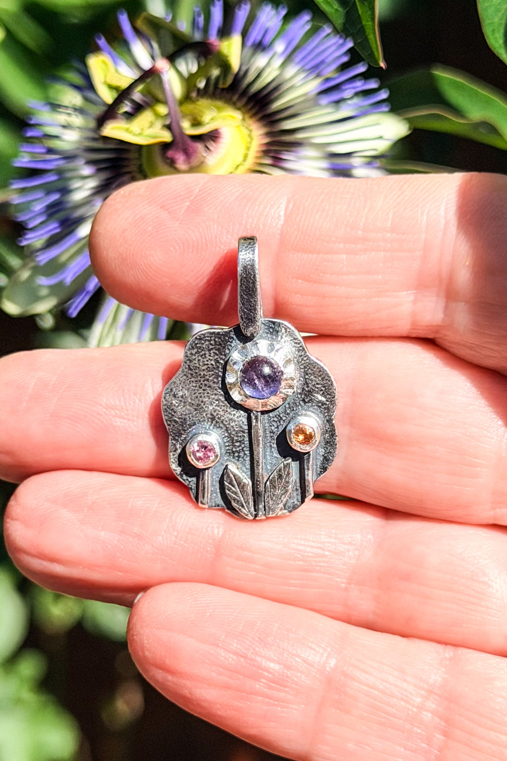 Handmade Floral Amethyst & Tourmaline Silver Pendant