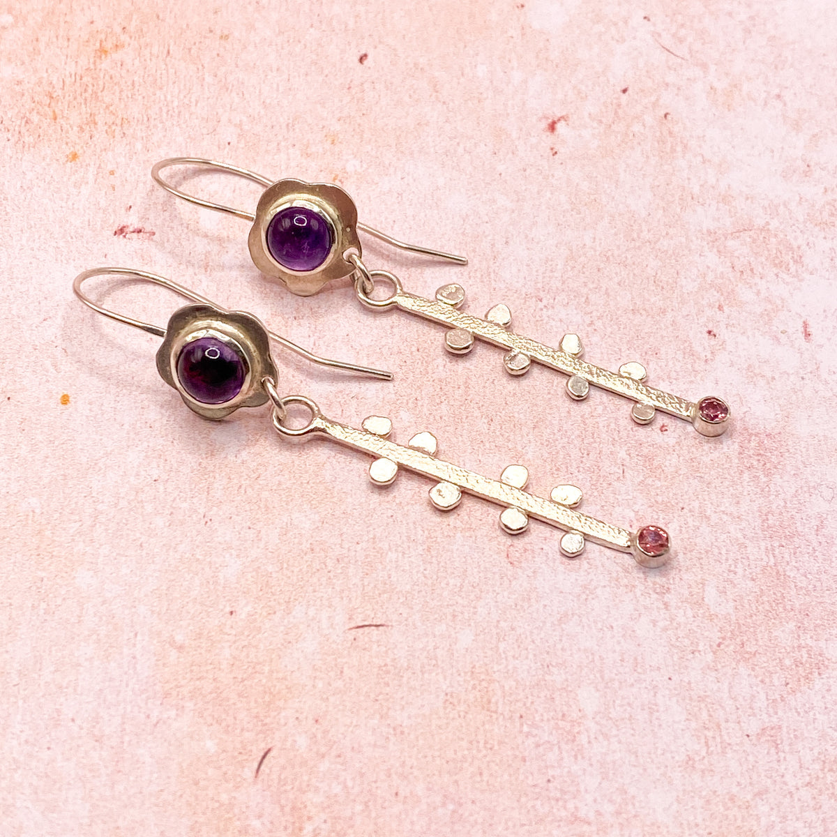 Handmade Amethyst & Tourmaline Shoulder Duster Earrings
