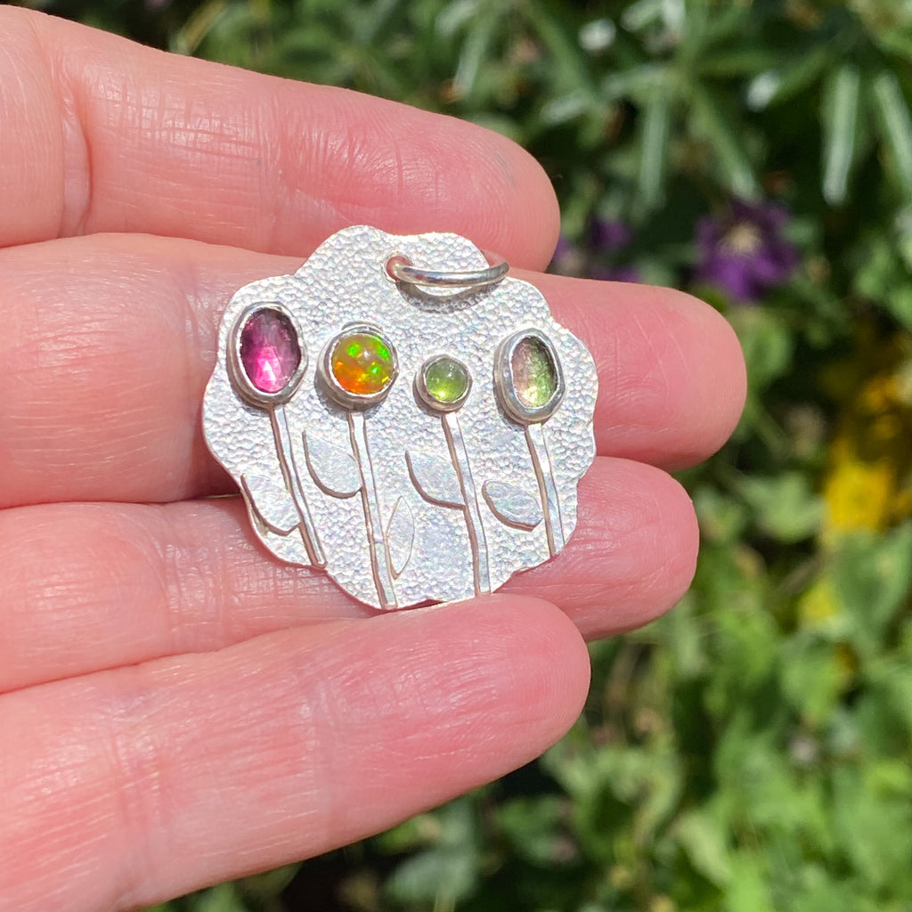 Handmade Sterling Silver Tourmaline & Opal floral Pendant