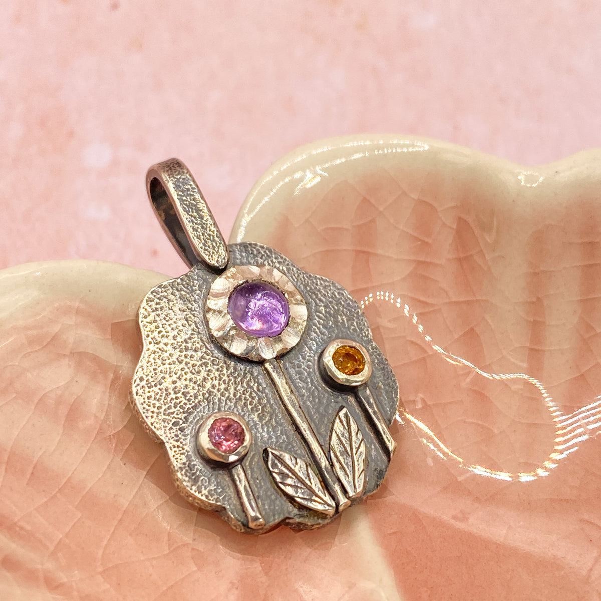 Handmade Floral Amethyst & Tourmaline Silver Pendant