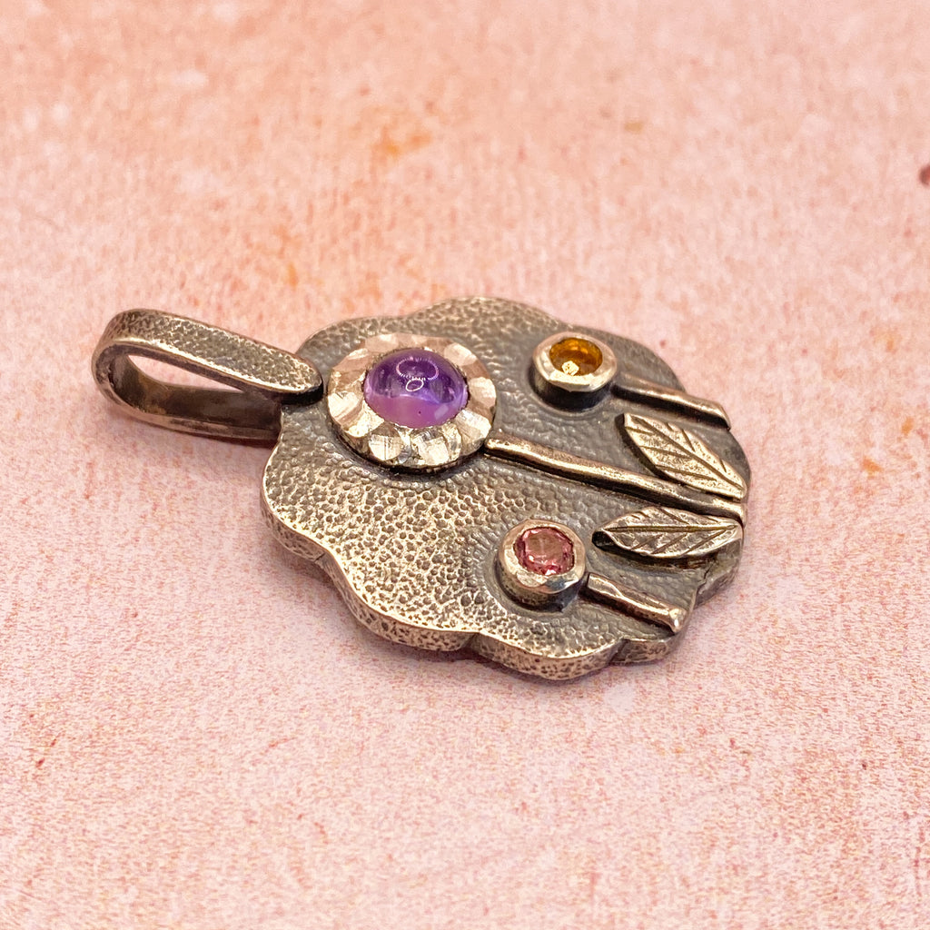 Handmade Floral Amethyst & Tourmaline Silver Pendant