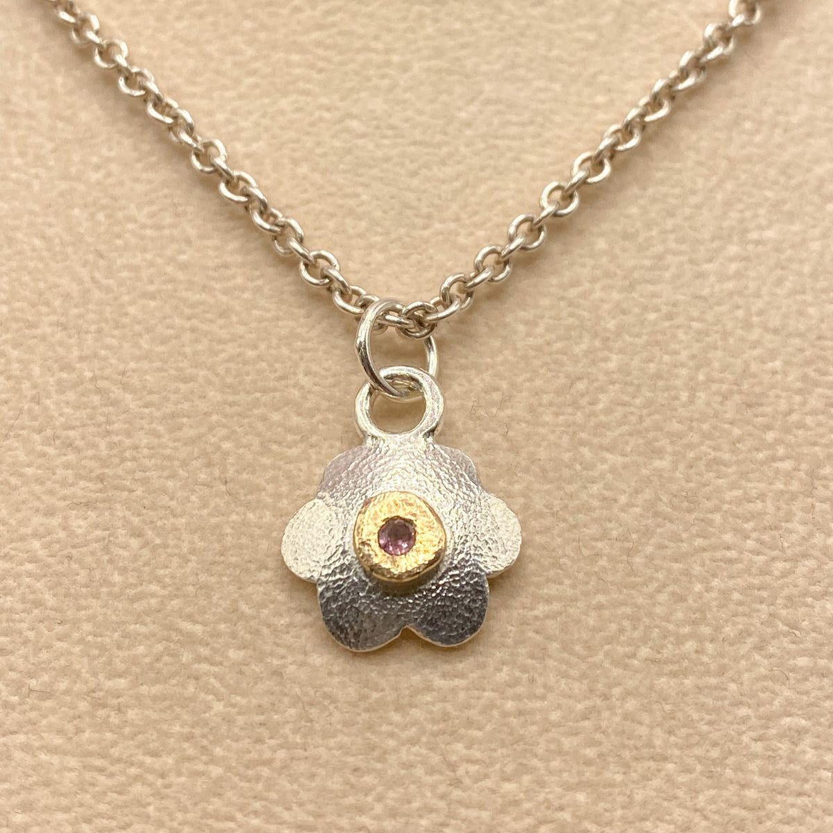 Pink Spinel Flower Pendant in Silver & Gold