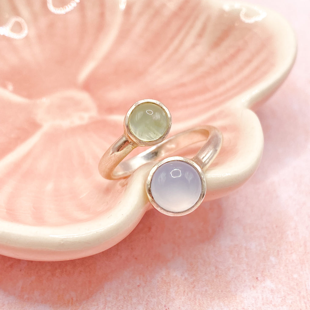 Handmade Chalcedony & Prehnite Sterling Silver Adjustable Ring