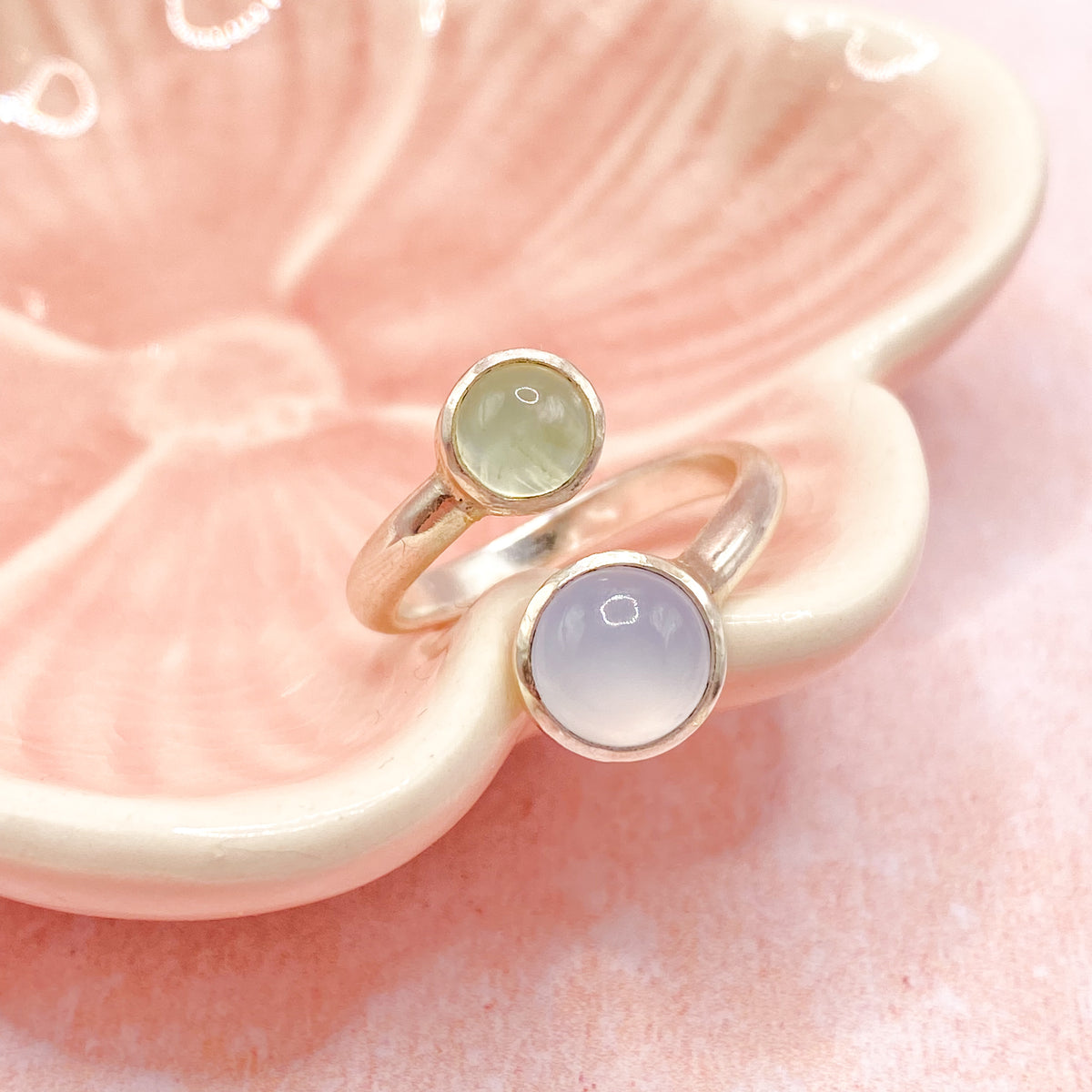 Handmade Chalcedony & Prehnite Sterling Silver Adjustable Ring