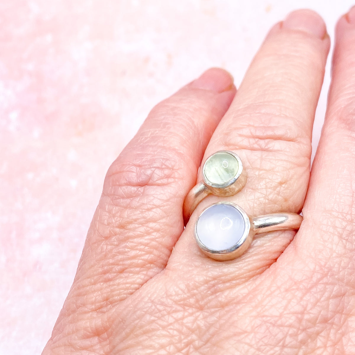 Handmade Chalcedony & Prehnite Sterling Silver Adjustable Ring