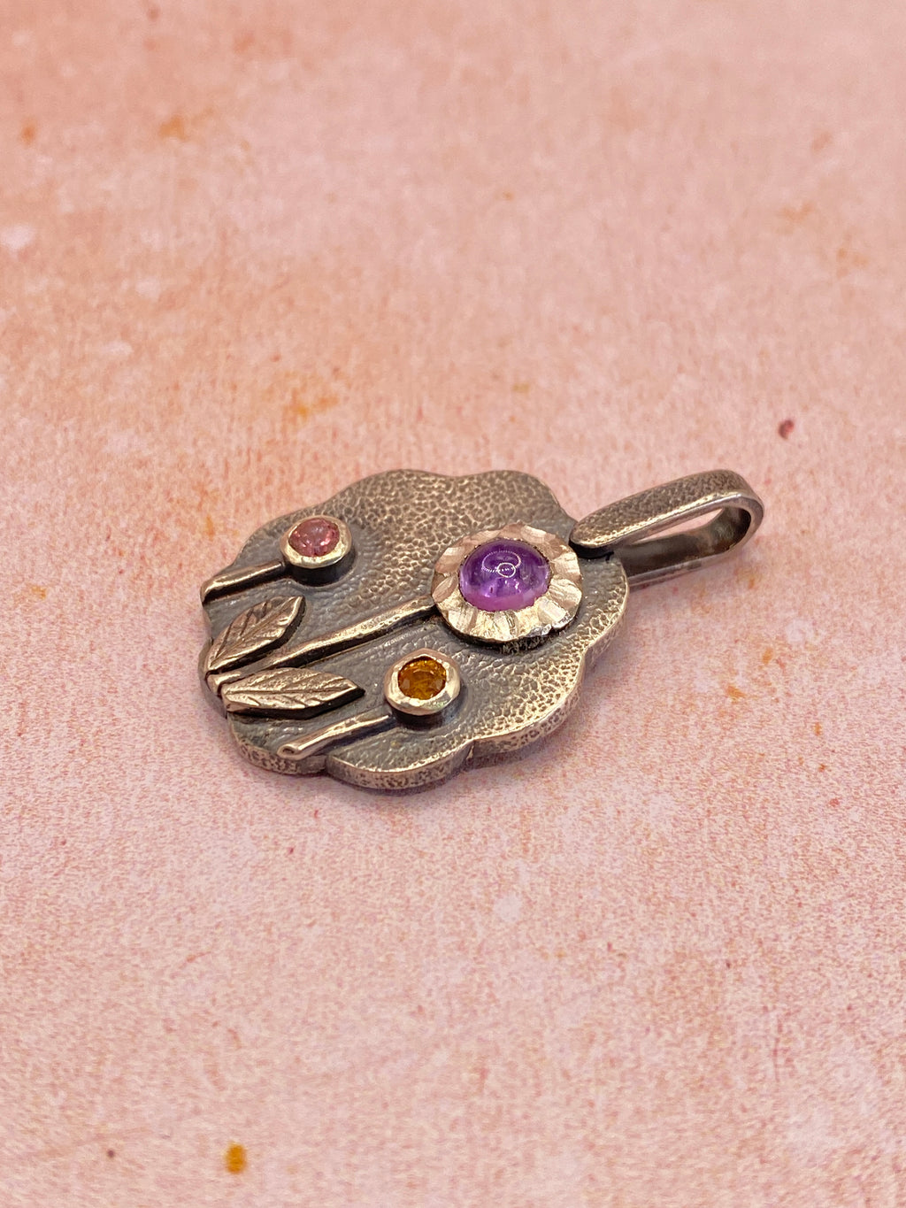 Handmade Floral Amethyst & Tourmaline Silver Pendant