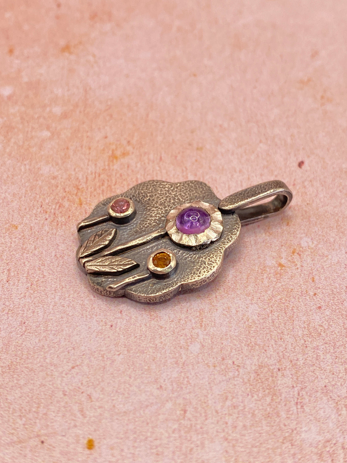 Handmade Floral Amethyst & Tourmaline Silver Pendant