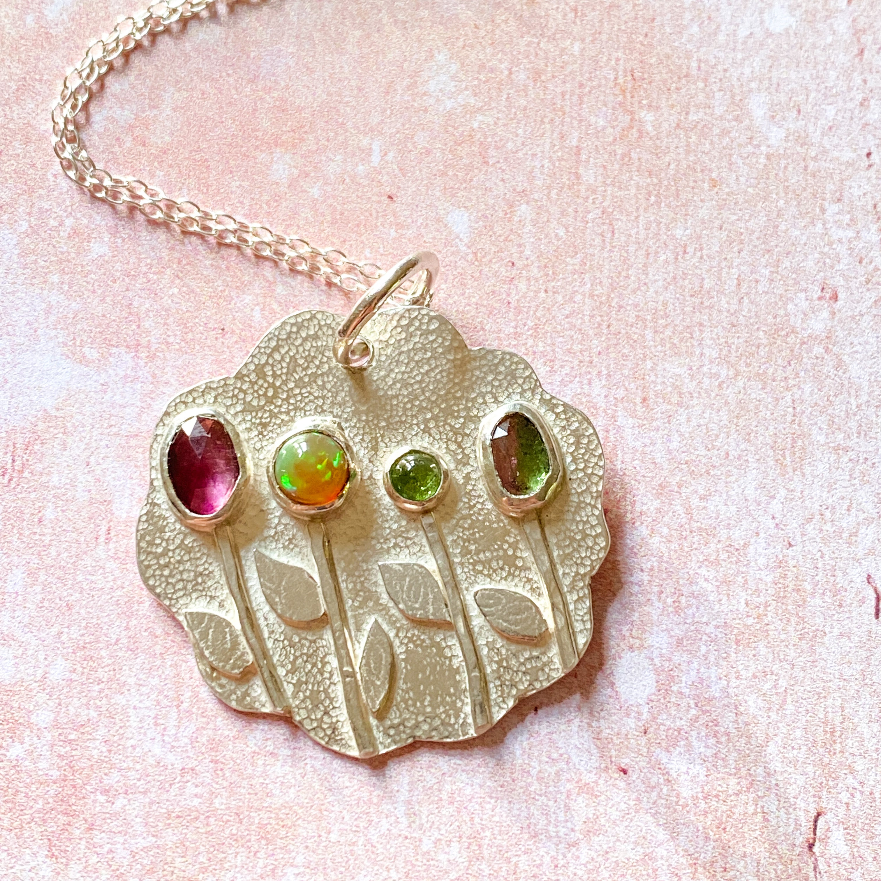 Handmade Sterling Silver Tourmaline & Opal floral Pendant