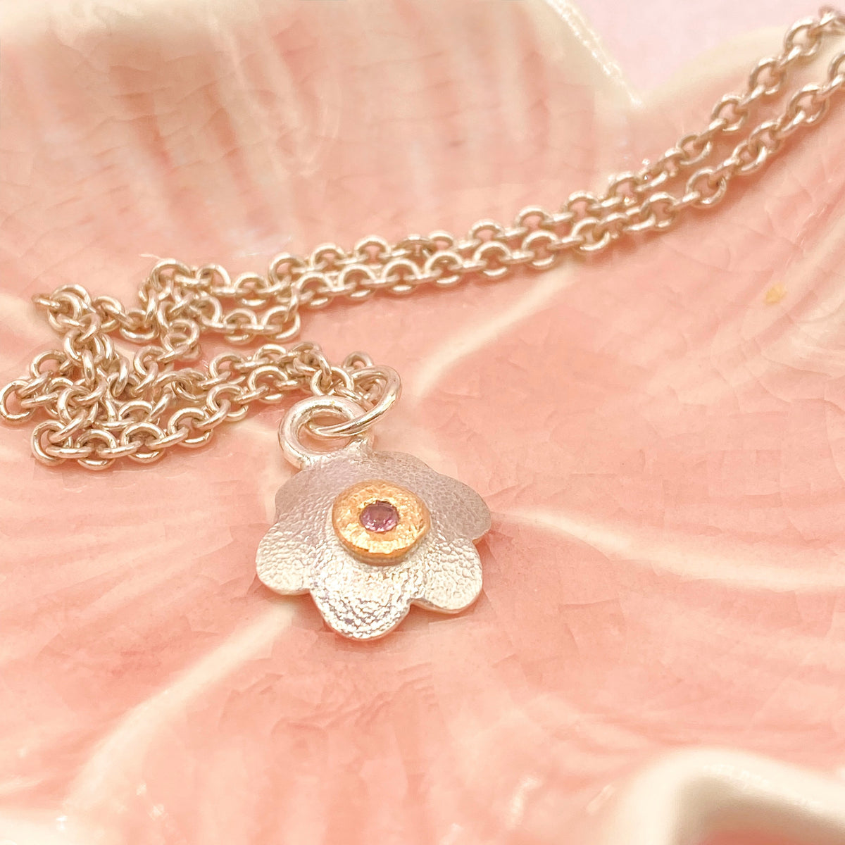 Pink Spinel Flower Pendant in Silver & Gold