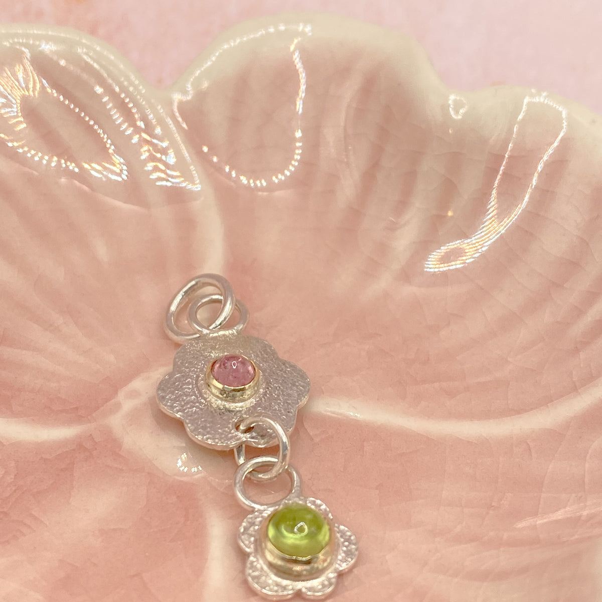 Tourmaline Silver & Gold Floral Pendant Handmade Unique