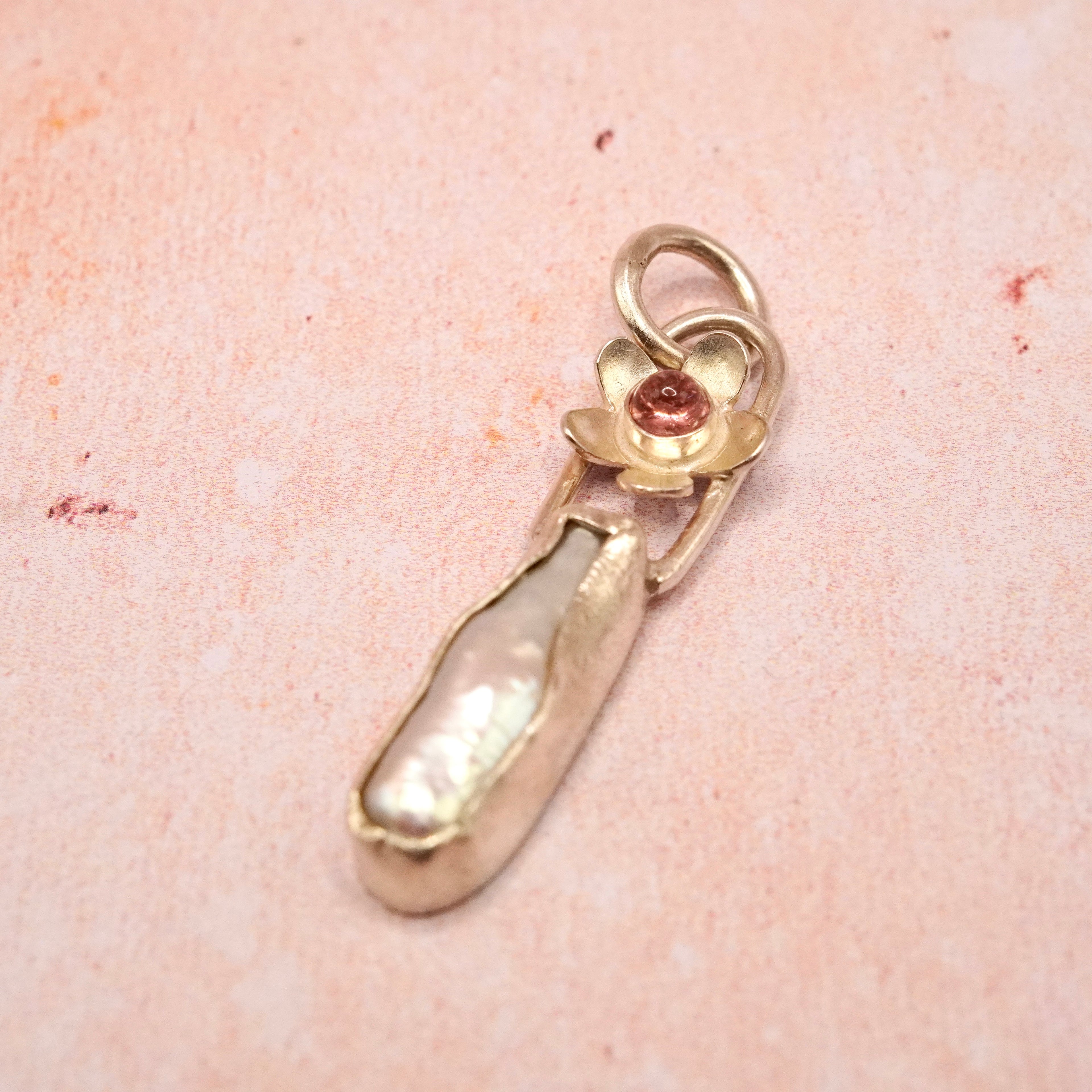 Biwa Pearl and Pink Tourmaline Silver floral Pendant