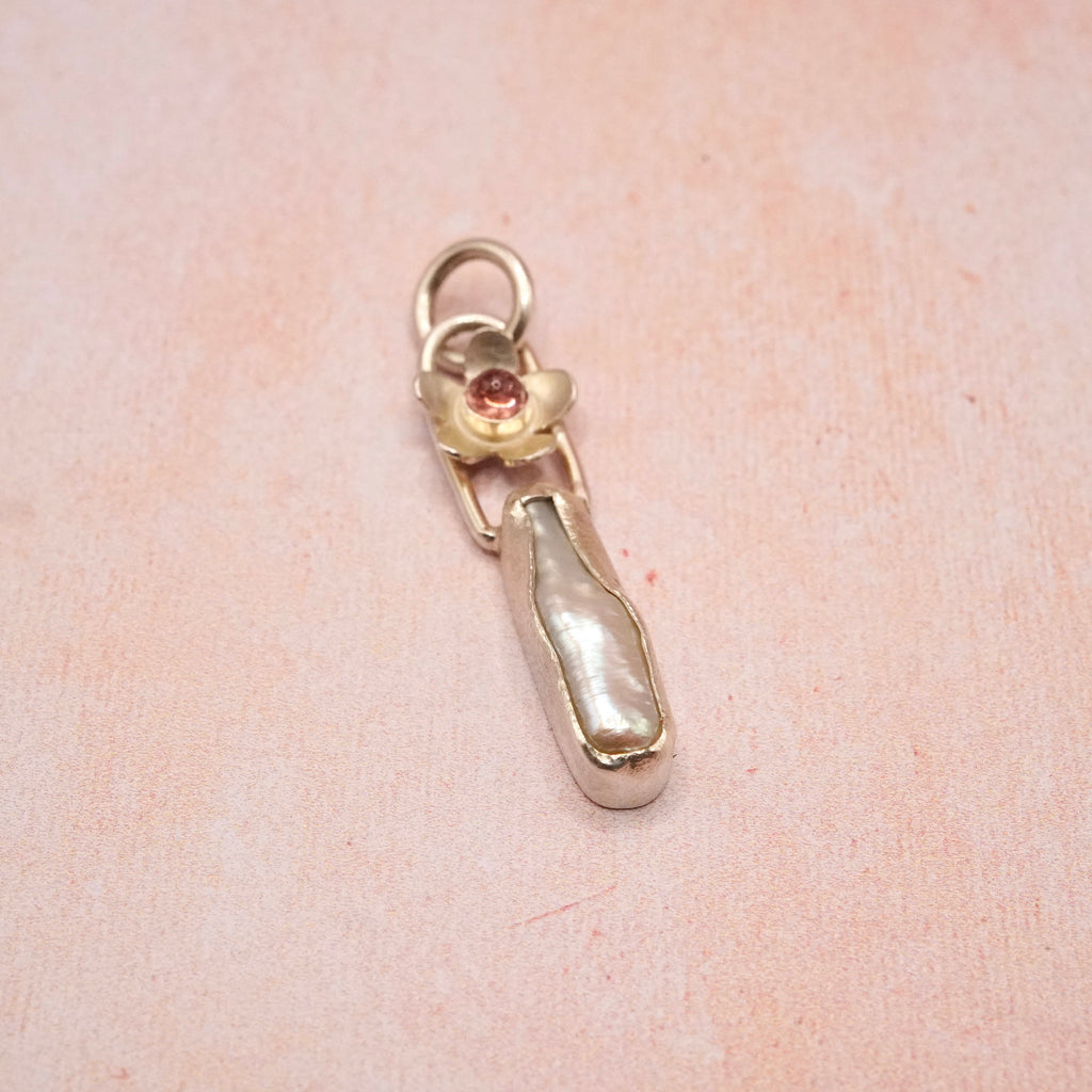 Biwa Pearl and Pink Tourmaline Silver floral Pendant