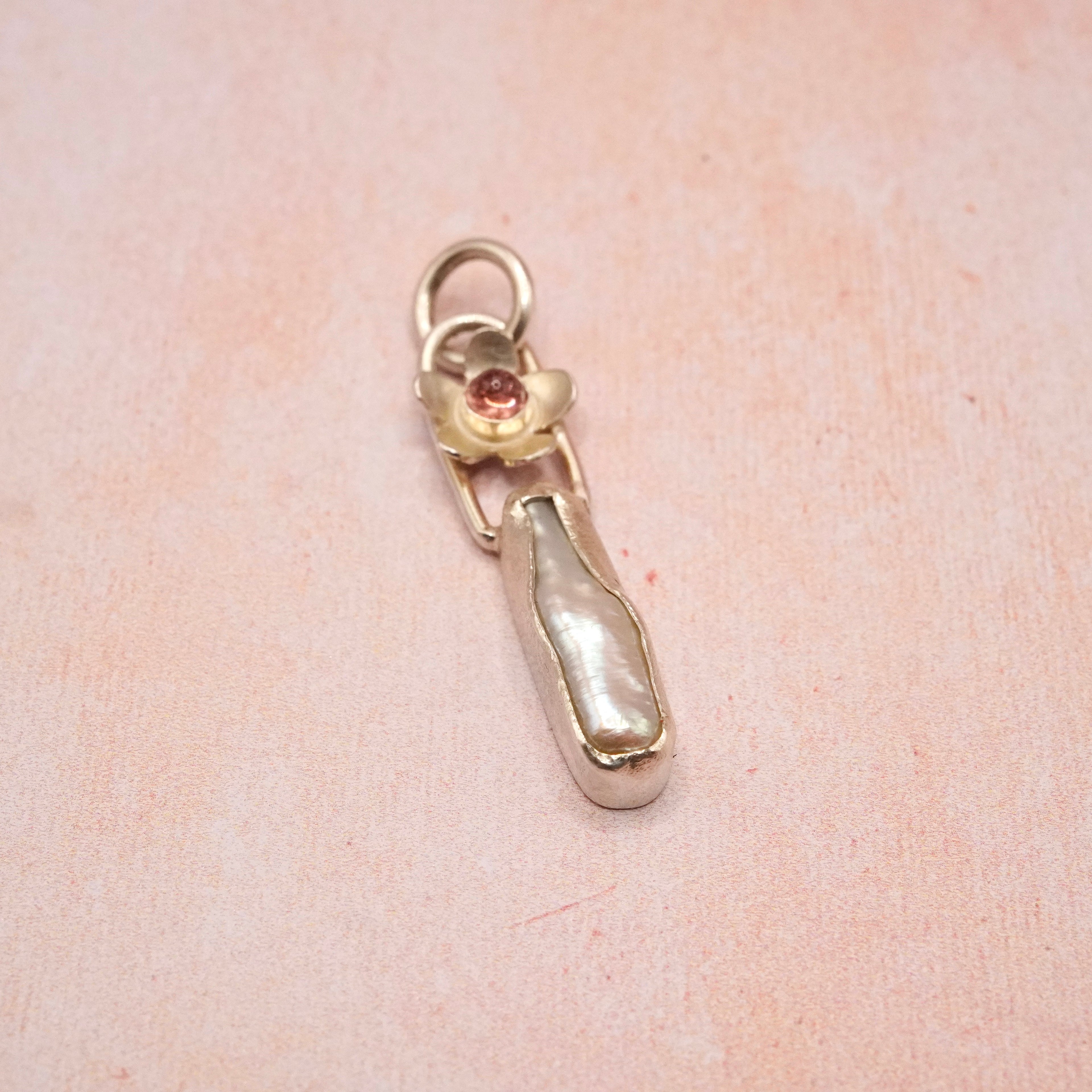Biwa Pearl and Pink Tourmaline Silver floral Pendant