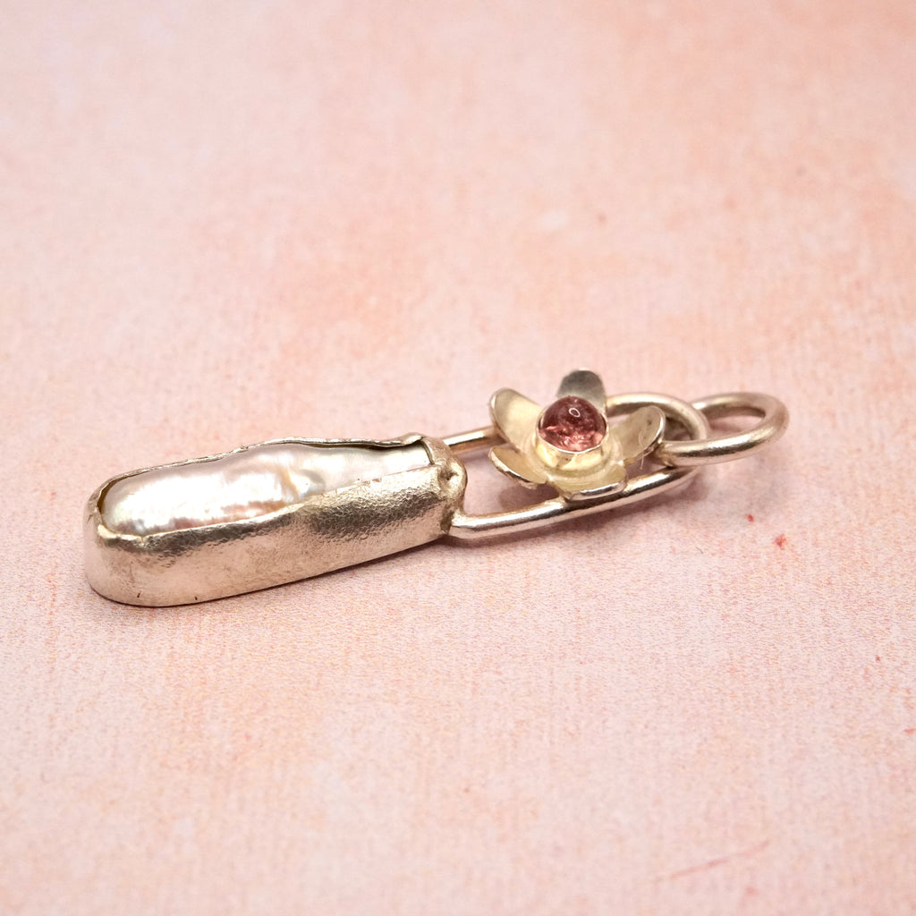 Biwa Pearl and Pink Tourmaline Silver floral Pendant