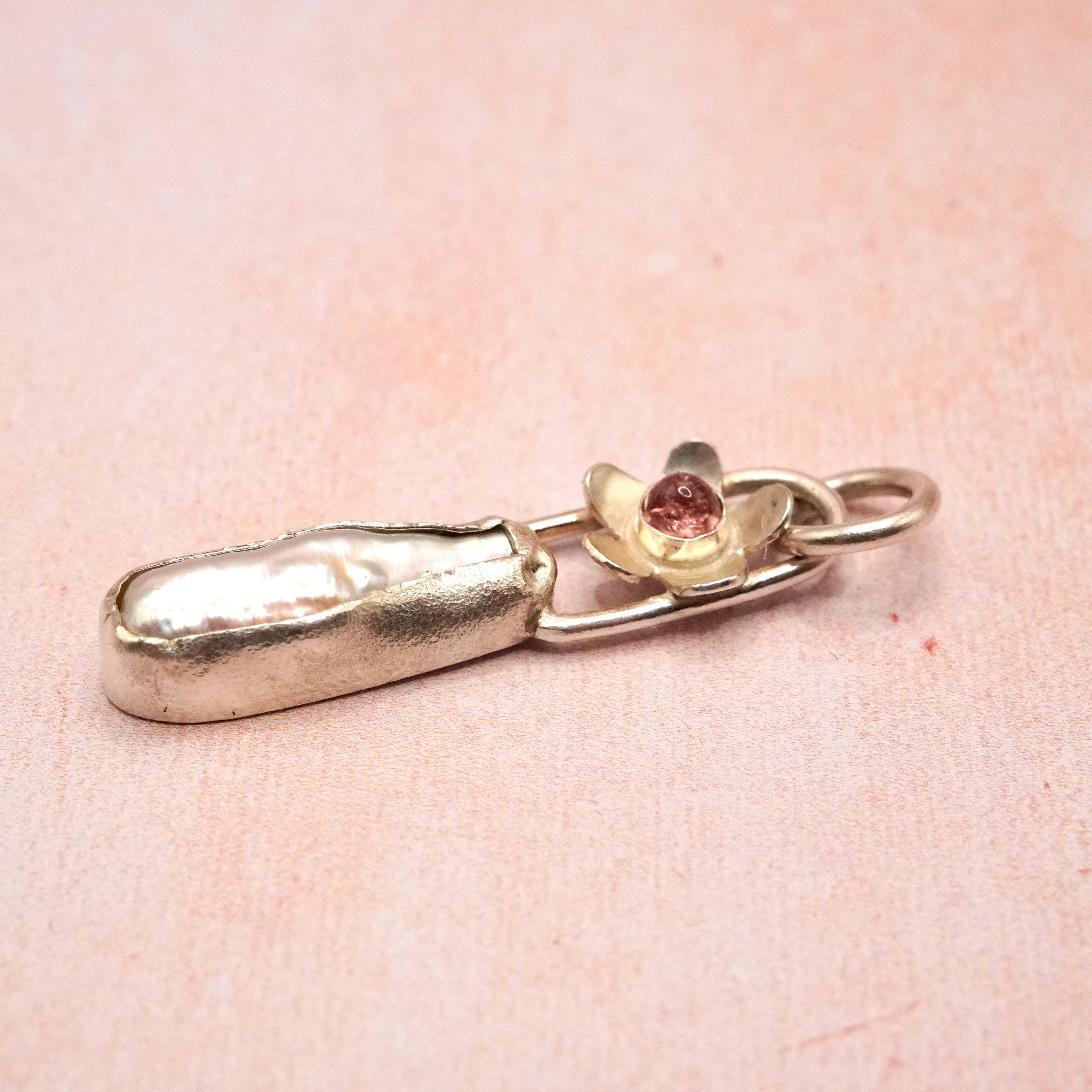 Biwa Pearl and Pink Tourmaline Silver floral Pendant