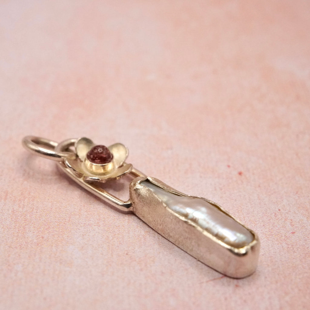 Biwa Pearl and Pink Tourmaline Silver floral Pendant