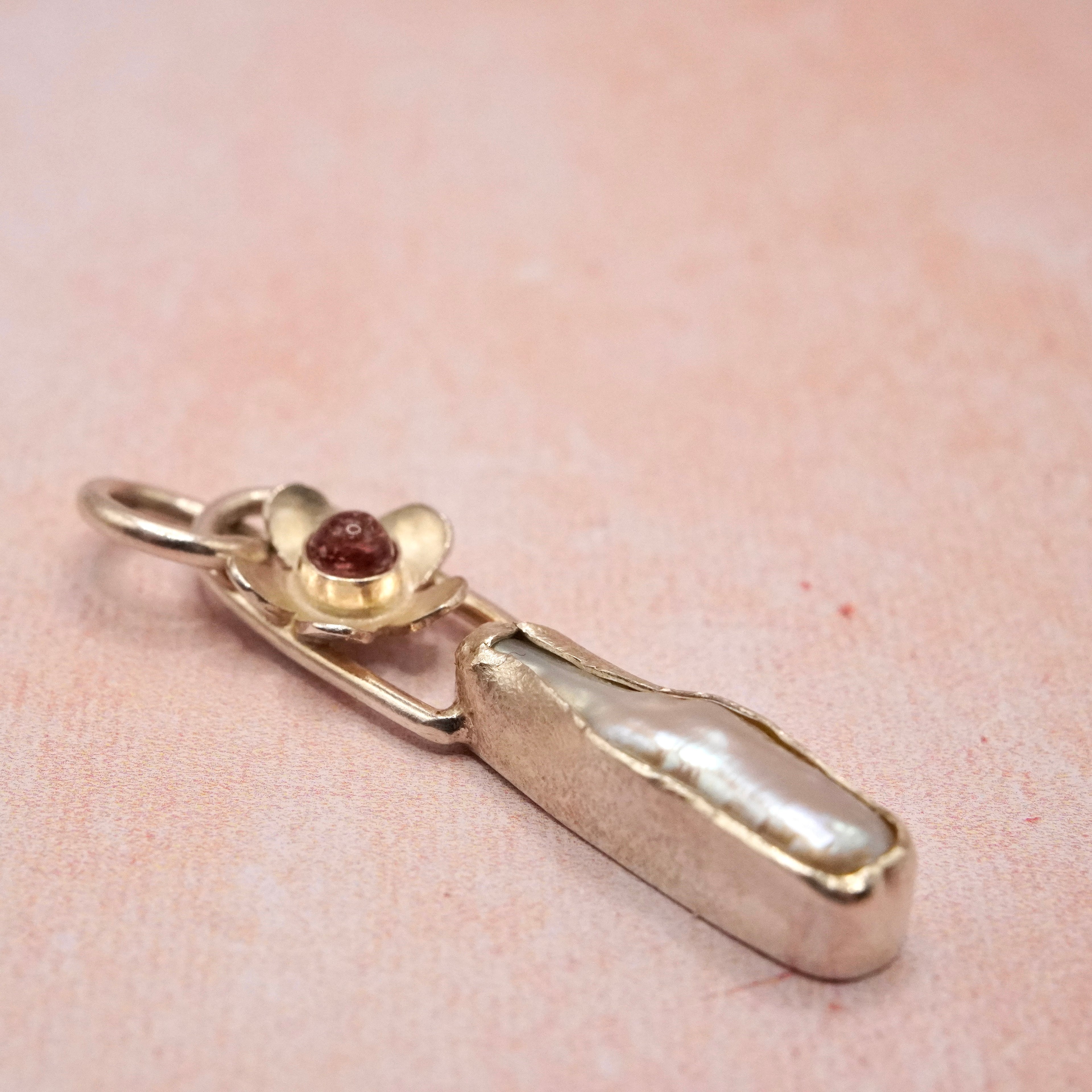 Biwa Pearl and Pink Tourmaline Silver floral Pendant