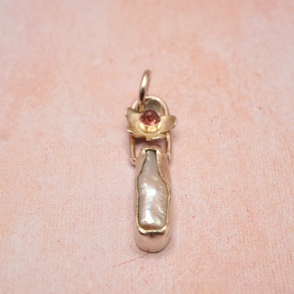Biwa Pearl and Pink Tourmaline Silver floral Pendant