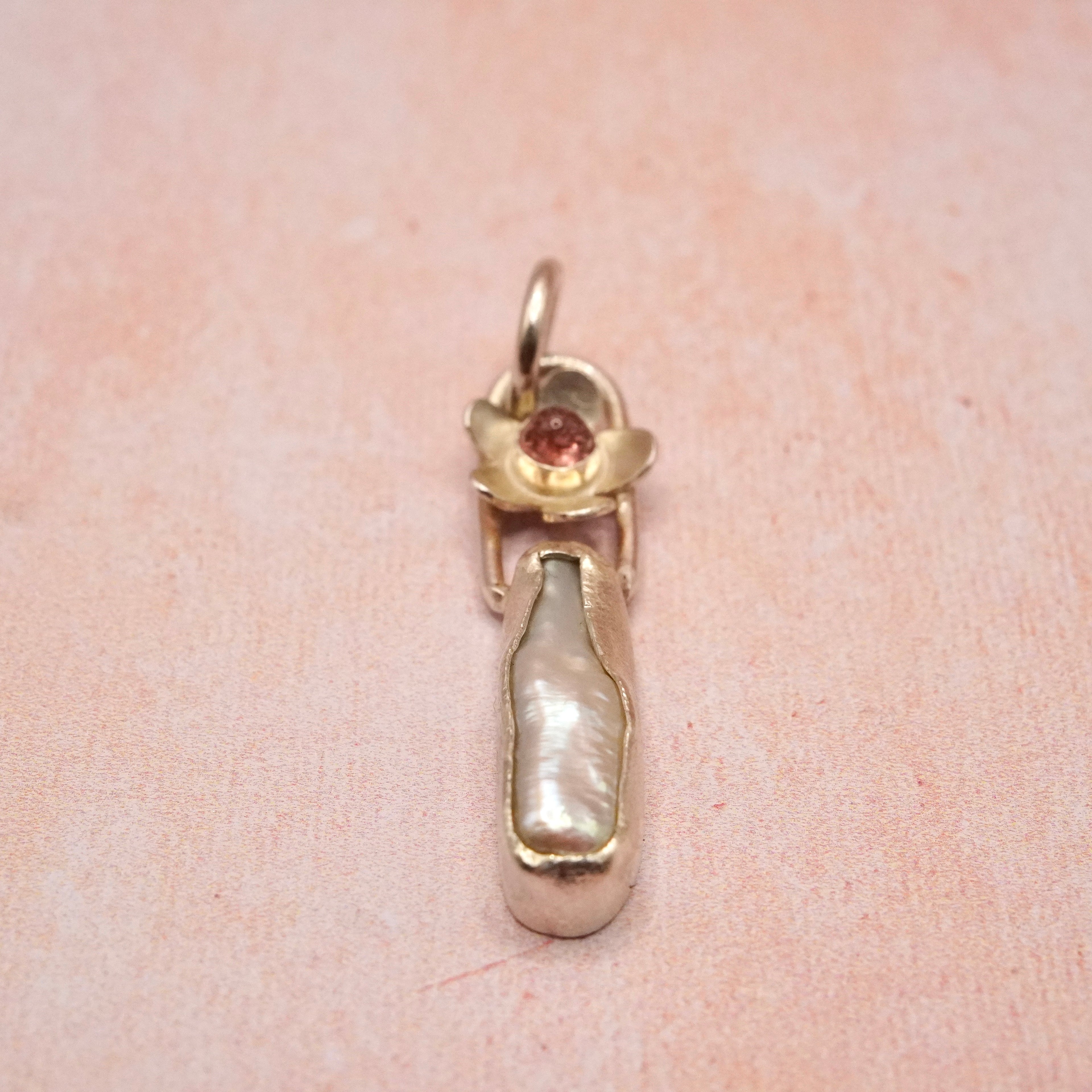 Biwa Pearl and Pink Tourmaline Silver floral Pendant