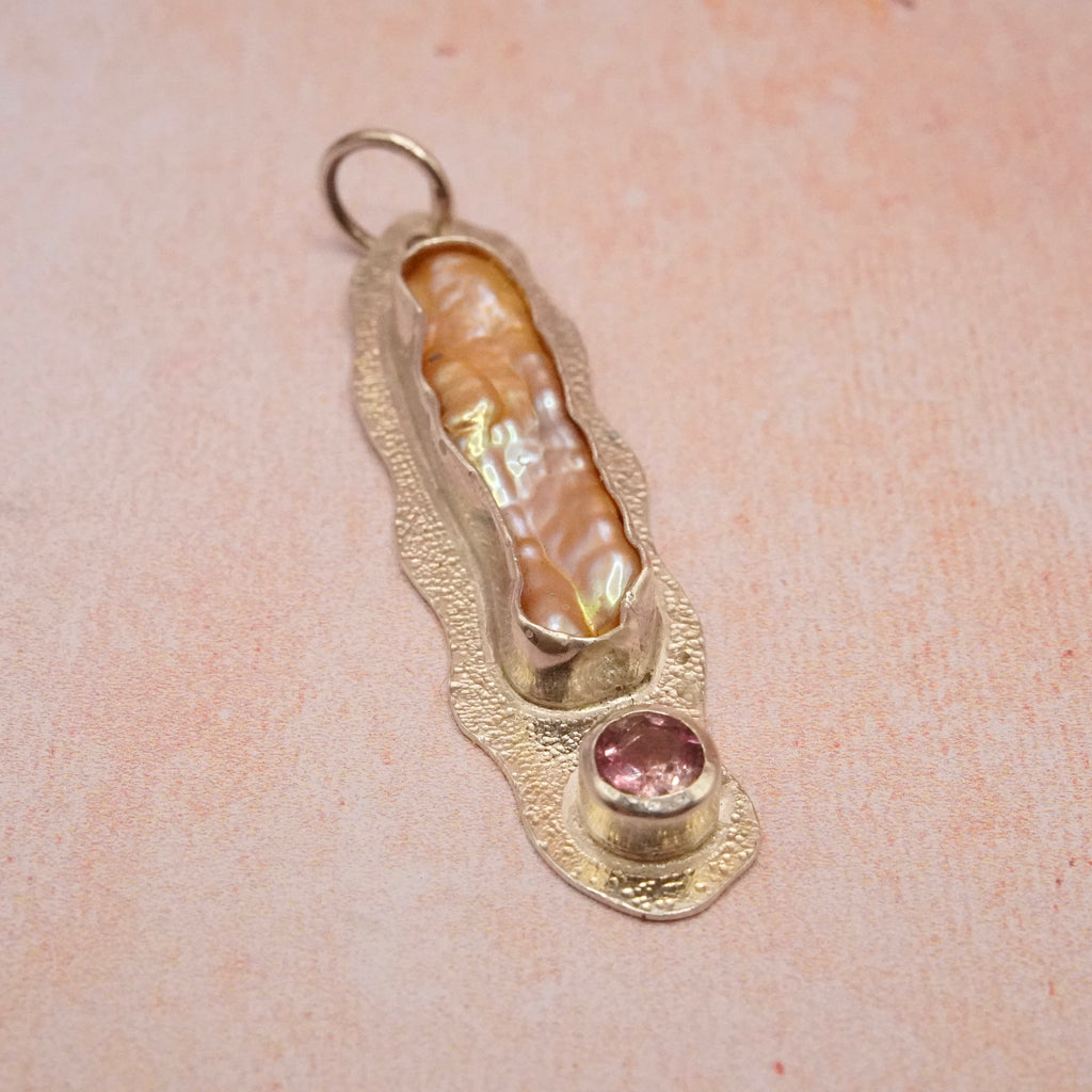 Biwa Pearl and Pink Spinel Pendant