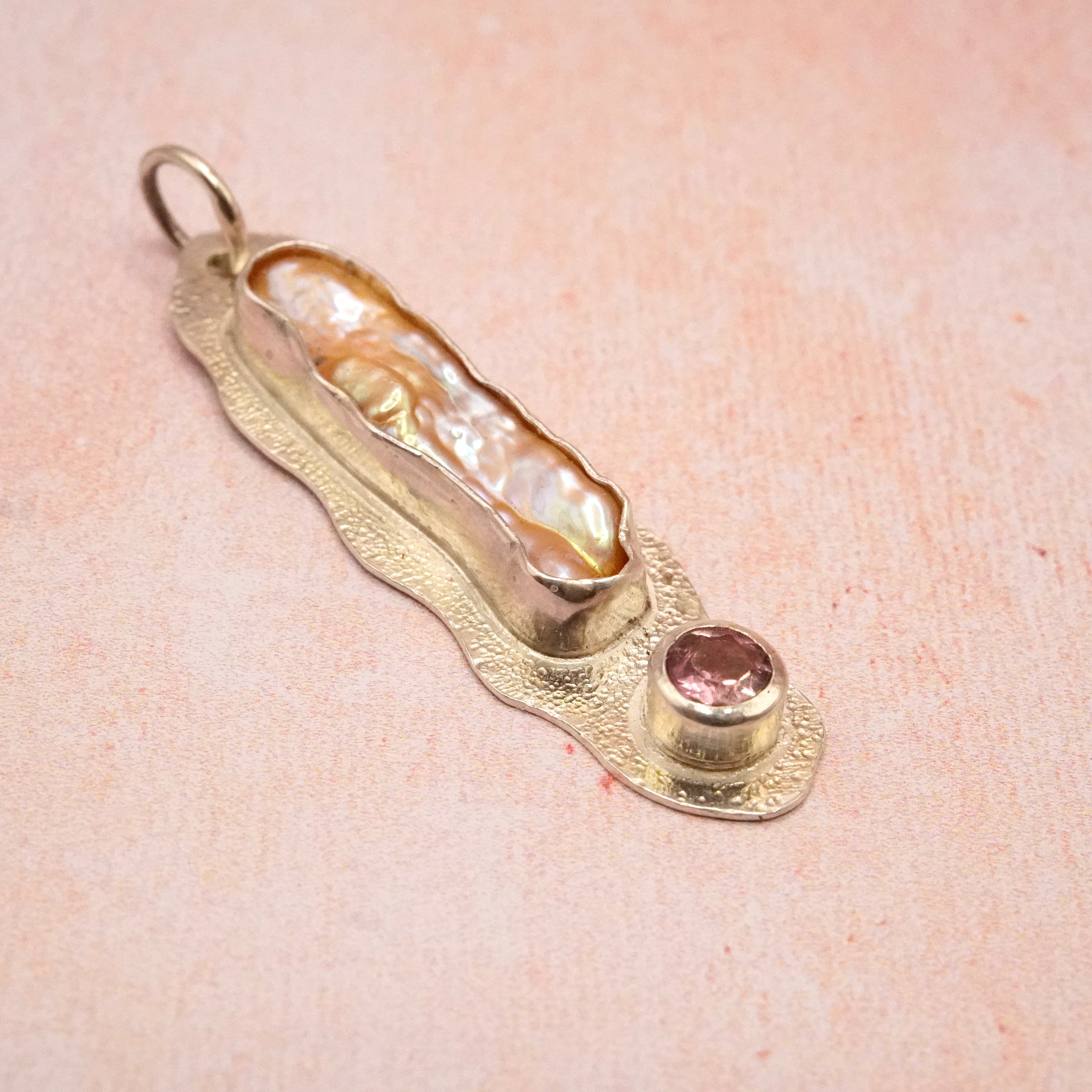 Biwa Pearl and Pink Spinel Pendant