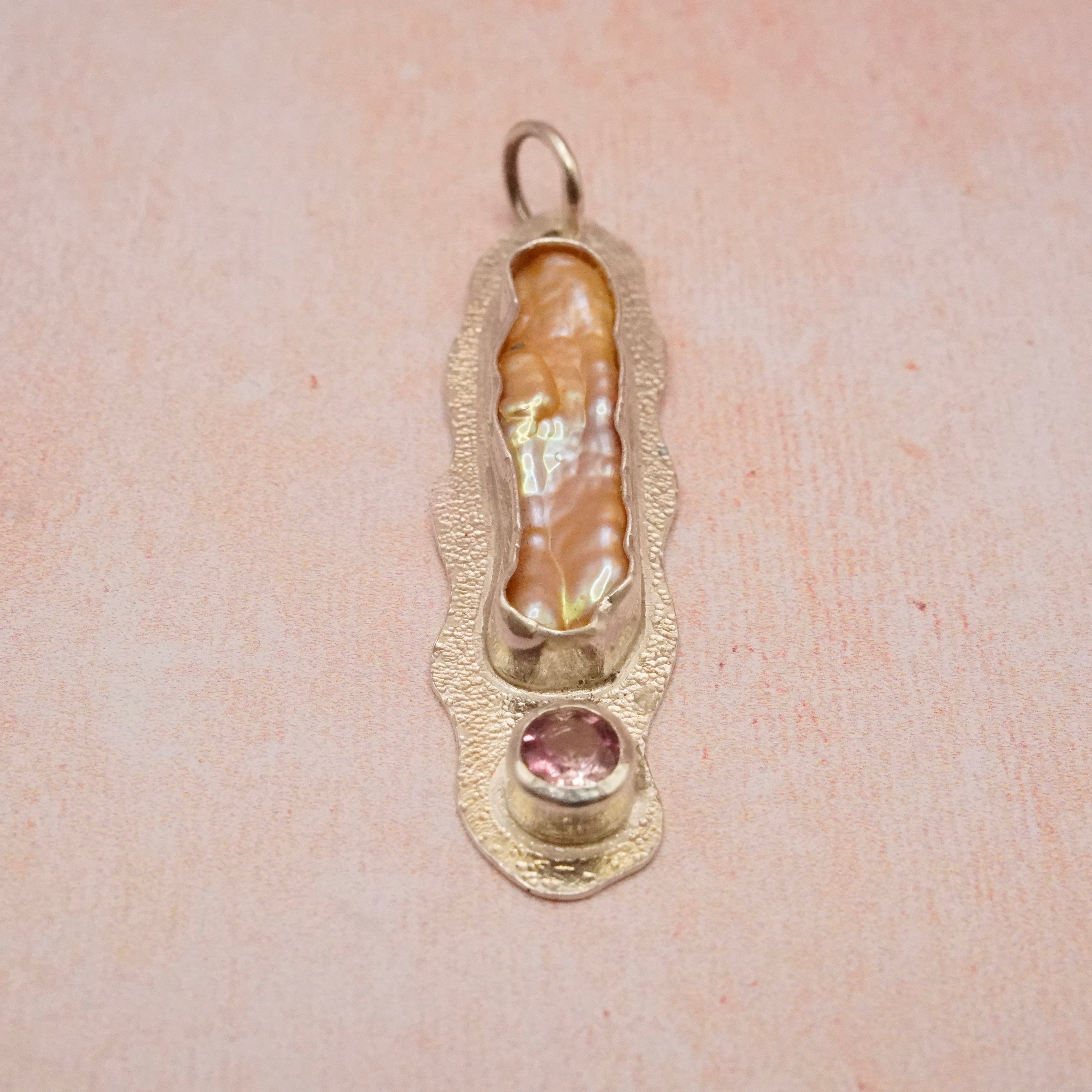 Biwa Pearl and Pink Spinel Pendant