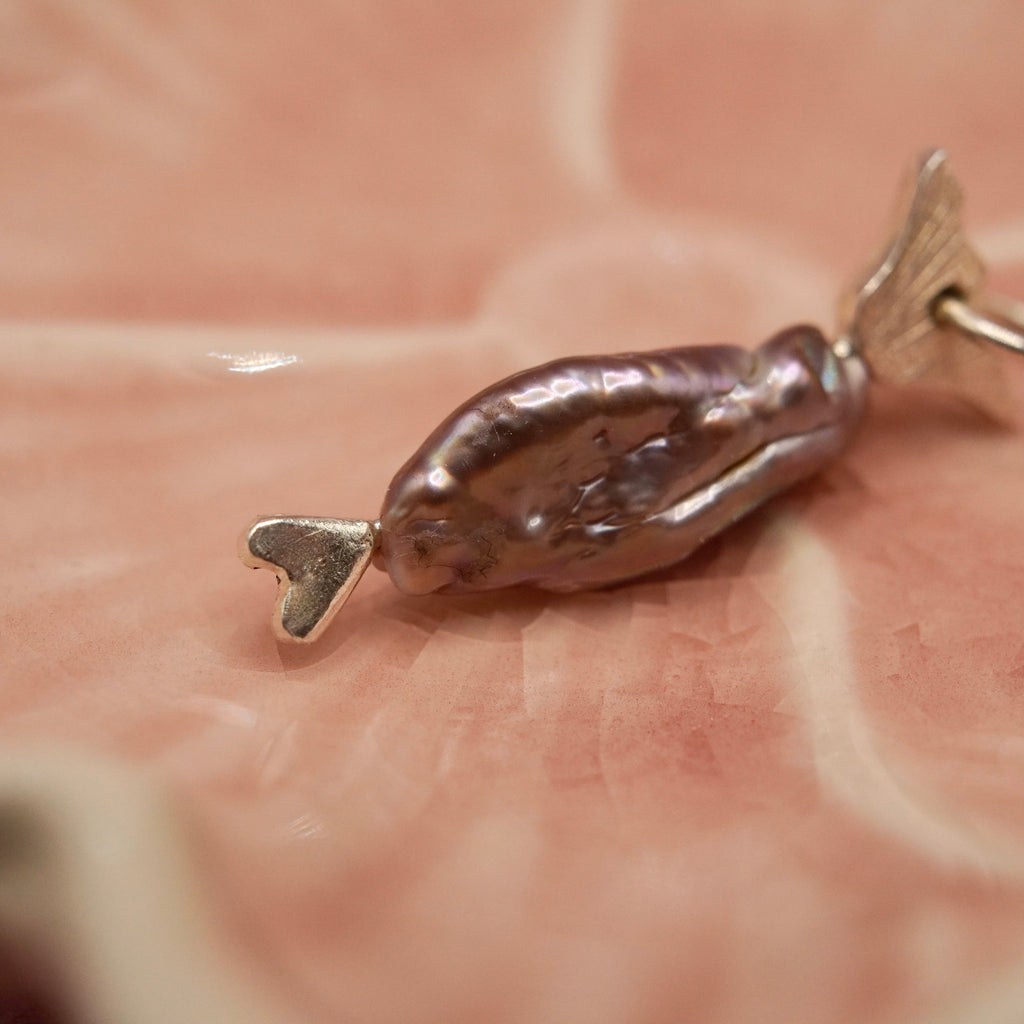 Sterling Silver Baroque Pearl Fish Charm, fresh water fish pendant