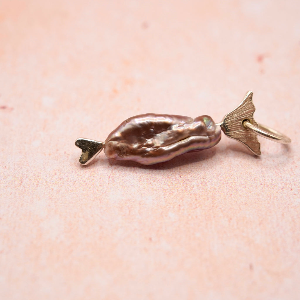 Sterling Silver Baroque Pearl Fish Charm, fresh water fish pendant