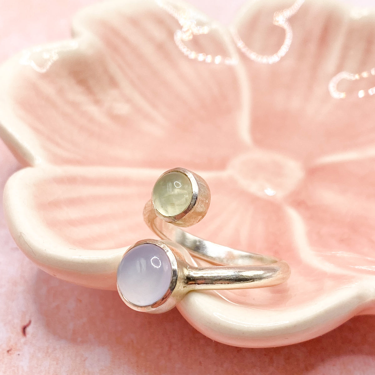 Handmade Chalcedony & Prehnite Sterling Silver Adjustable Ring