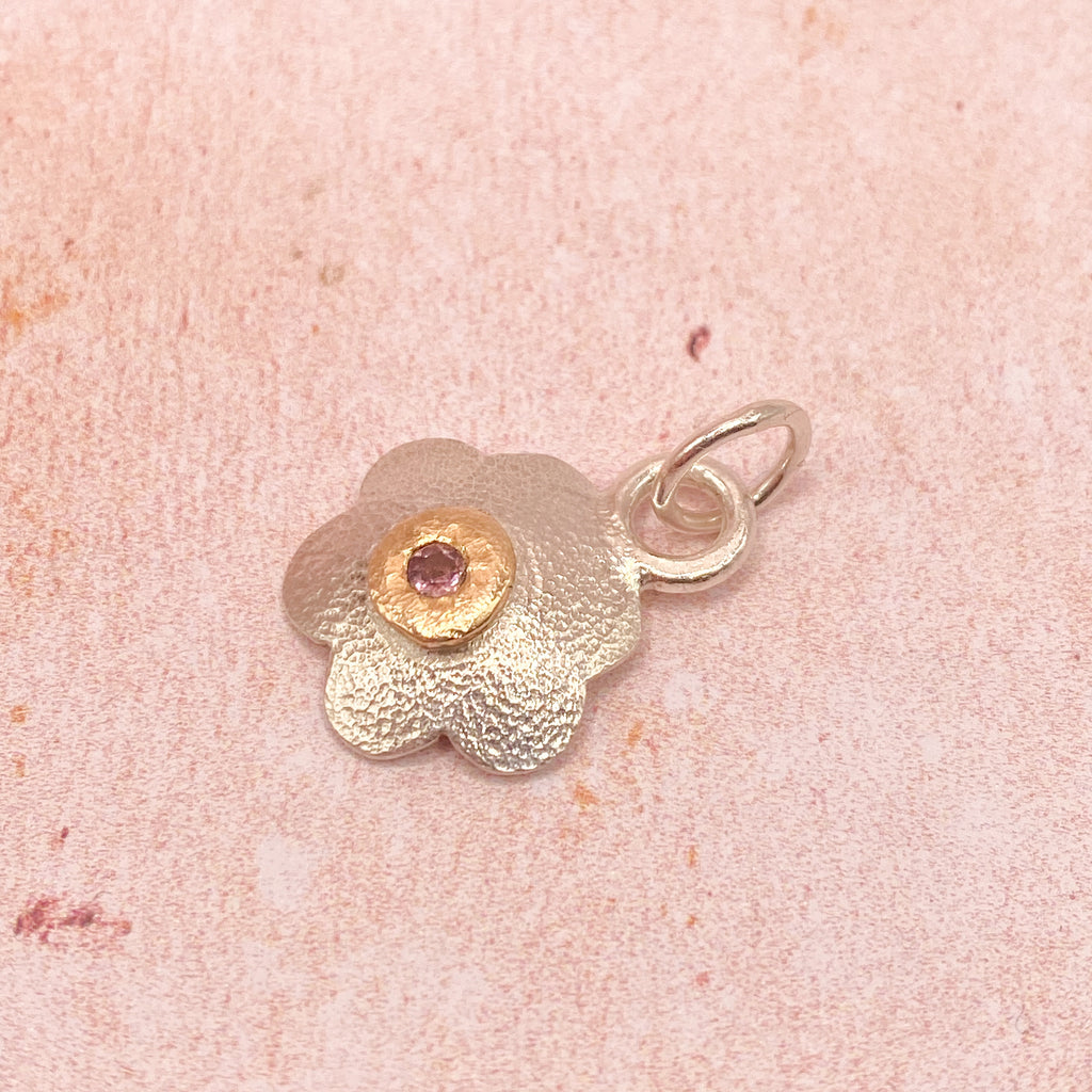 Pink Spinel Flower Pendant in Silver & Gold
