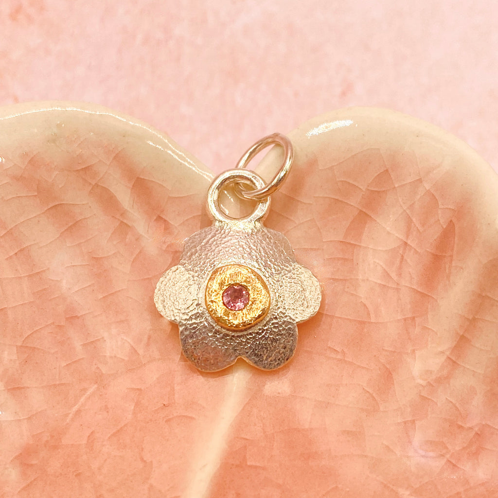Pink Spinel Flower Pendant in Silver & Gold