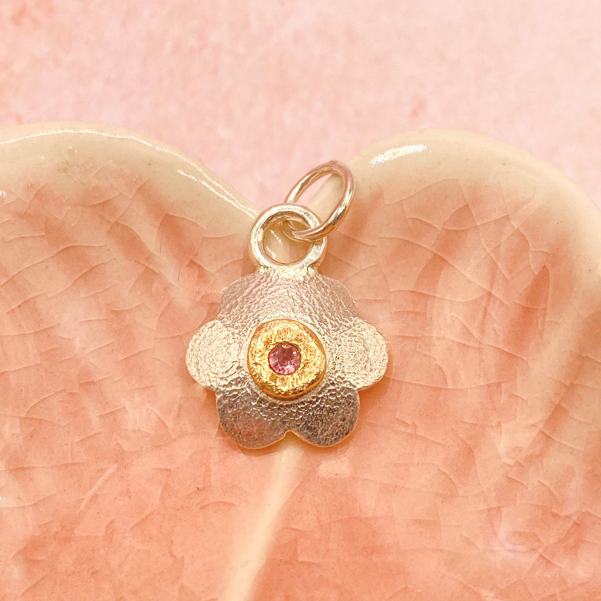 Pink Spinel Flower Pendant in Silver & Gold