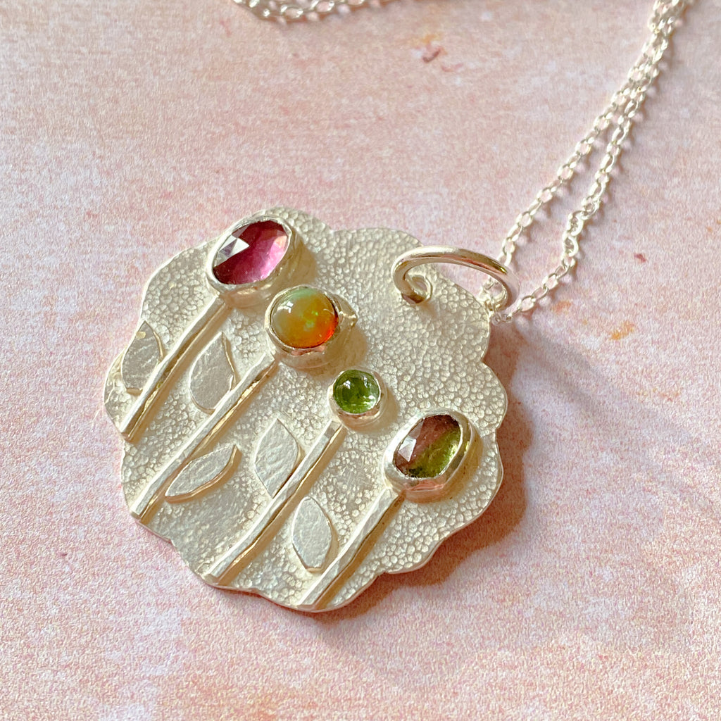 Handmade Sterling Silver Tourmaline & Opal floral Pendant