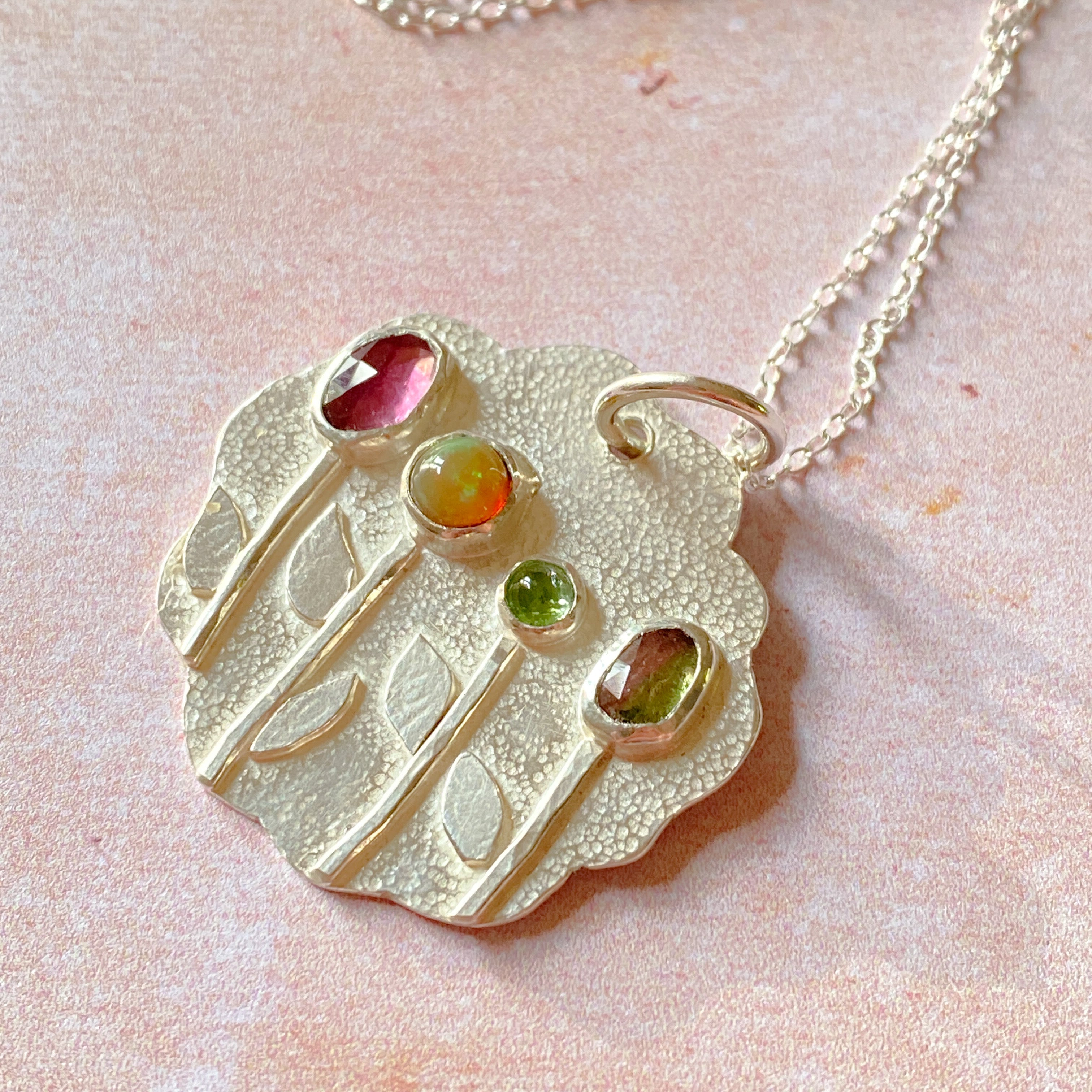 Handmade Sterling Silver Tourmaline & Opal floral Pendant