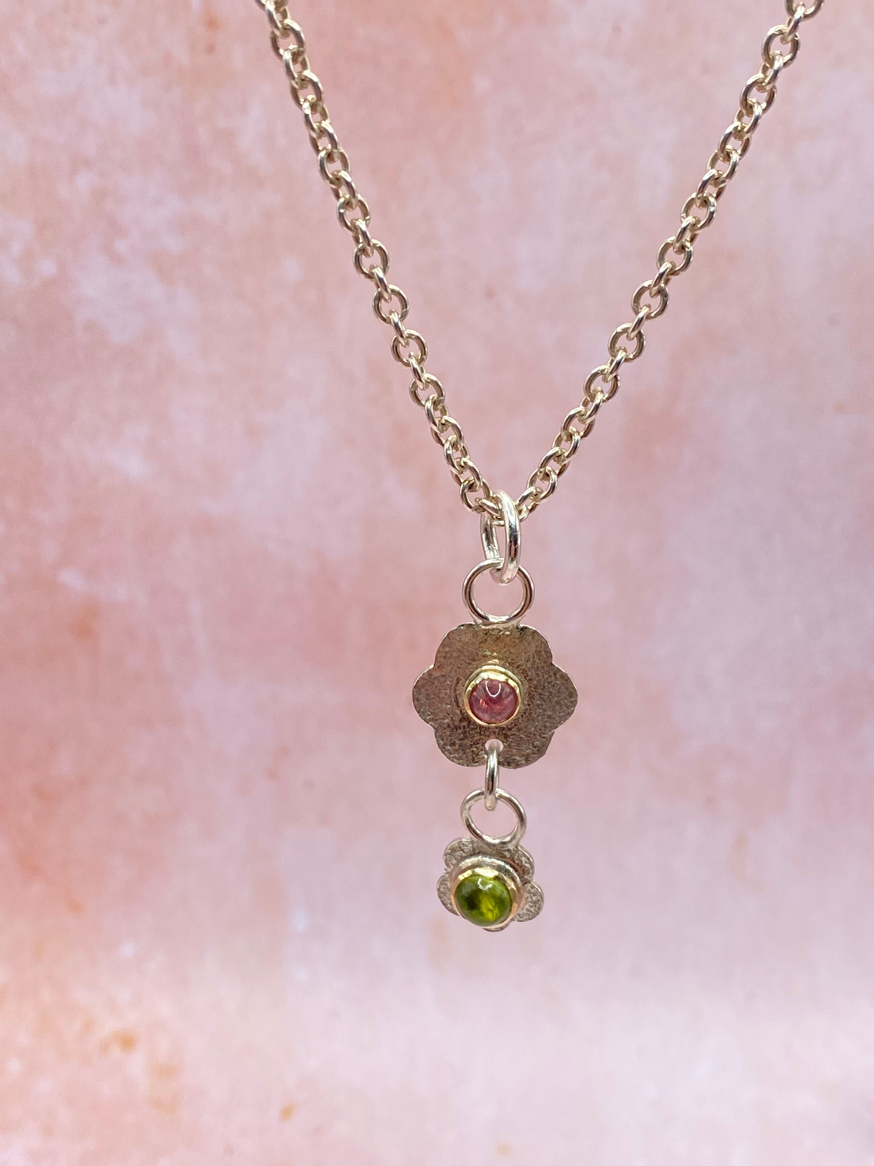 Tourmaline Silver & Gold Floral Pendant Handmade Unique